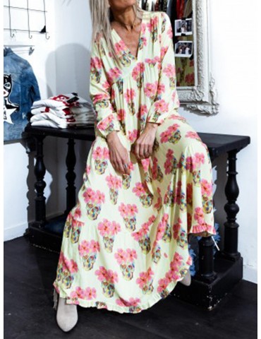 Long Sleeve Floral Print Loose Vintage Maxi Dress