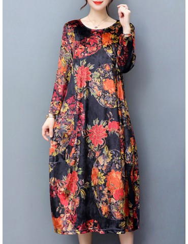 Floral Printd O-Neck Long Sleeve Vintage Dresses For Women