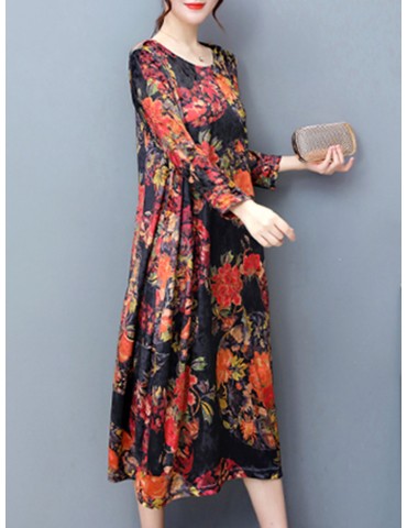 Floral Printd O-Neck Long Sleeve Vintage Dresses For Women