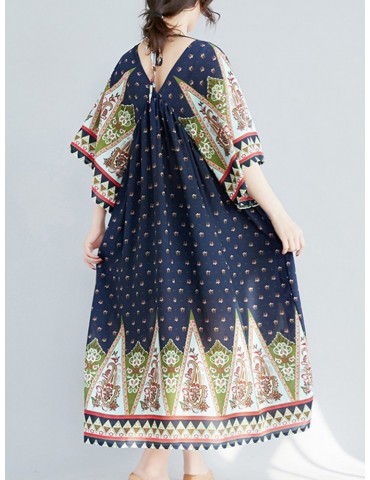Ethnic Printed High Waist V-neck Vintage Half Sleeve Dresses