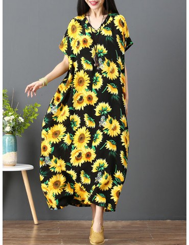 Loose Sunflower Print Short Sleeve Vintage Maxi Dresses