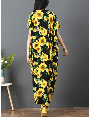 Loose Sunflower Print Short Sleeve Vintage Maxi Dresses