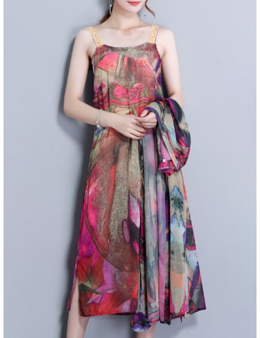 Elegant Print Spaghetti Strap Two Pieces Vintage Dresses