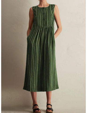 Pockets Stripe Sleeveless Vintage Mid-calf Dress For Women