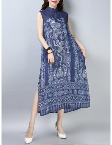 Ethnic Print Side Splited Sleeveless Vintage Dresses