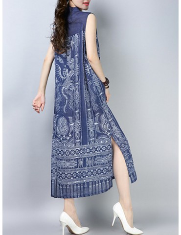 Ethnic Print Side Splited Sleeveless Vintage Dresses